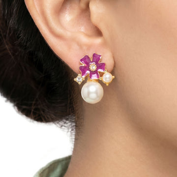 PRAO Earrings Anti-Tarnish Fuchsia Pearl Flower Studs