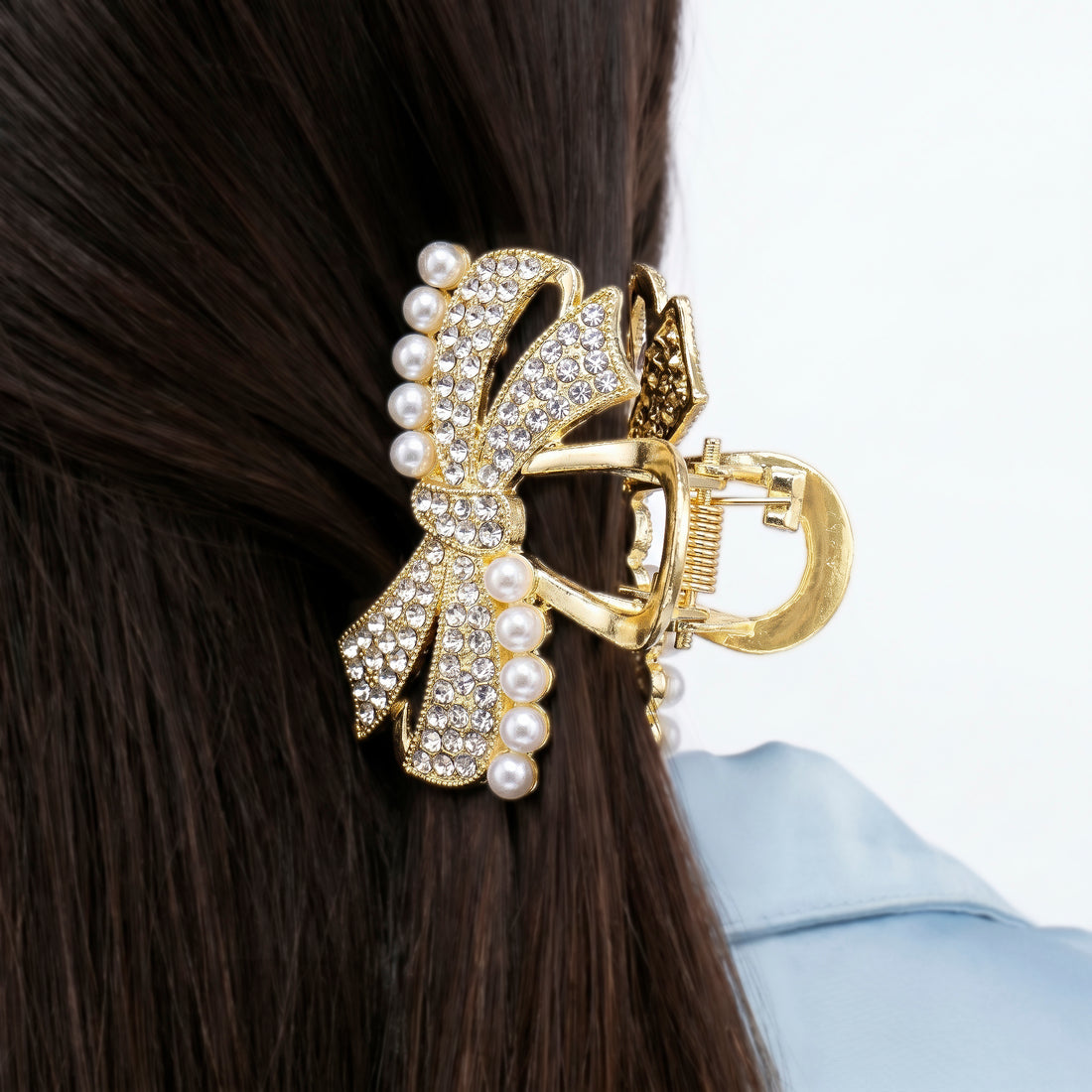 PRAO Hair Claw Clip Anti-Tarnish Bow Rhinestone And Pearl
