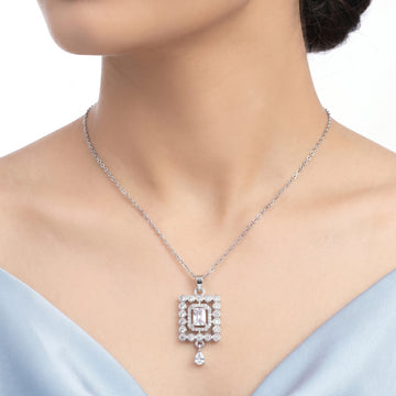 PRAO Necklace Anti-Tarnish Emerald-Cut Halo Drop Pendant