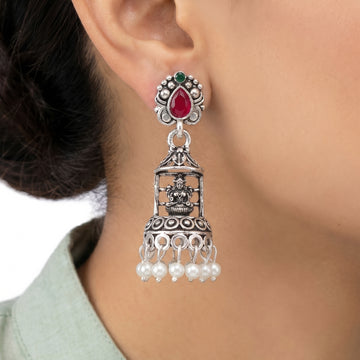 PRAO Earrings Anti-Tarnish Lakshmi Motif Oxidized Jhumka