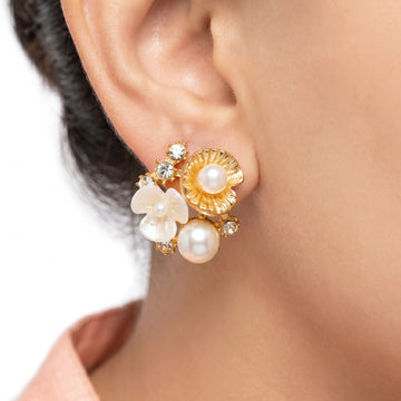 PRAO Earrings Anti-Tarnish Floral Pearl Rhinestone Studs