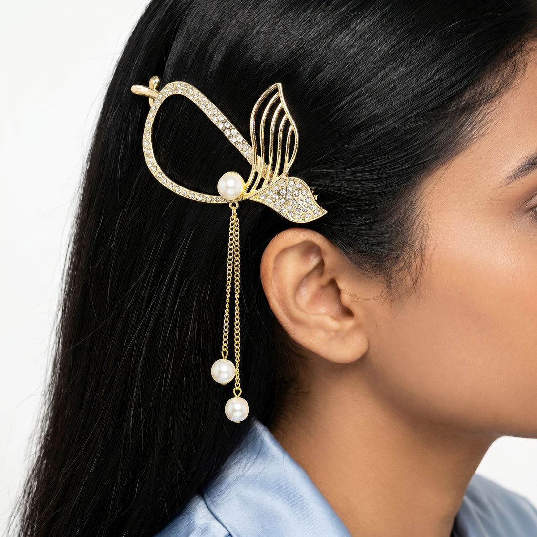 PRAO Hair Claw Clip Anti-Tarnish Fish Tail Rhinestone With Faux Pearl