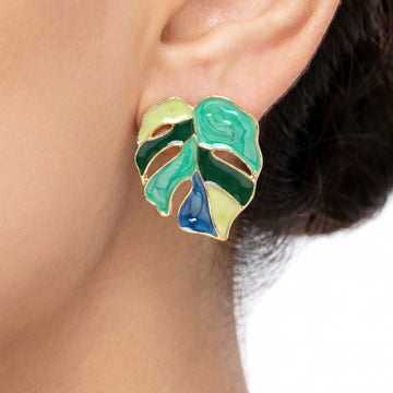 PRAO Earrings Anti-Tarnish Monstera Enamel Studs