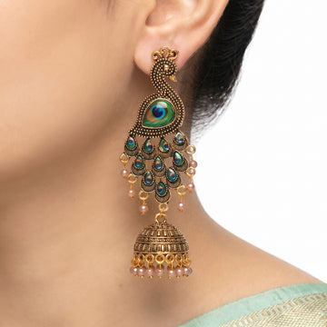 PRAO Earrings Anti-Tarnish Peacock Feather Motif Jhumka