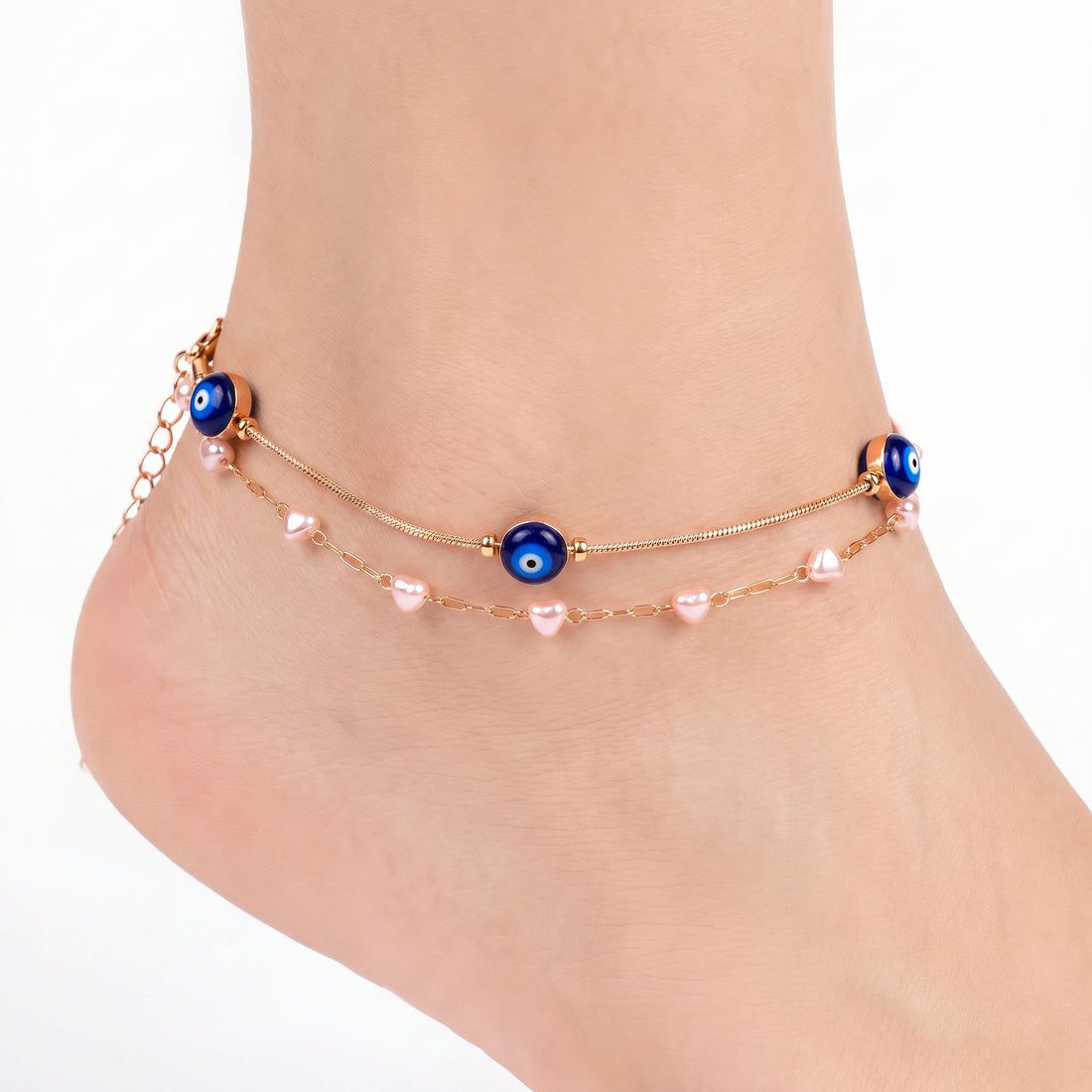 PRAO Anklet Anti-Tarnish Layered With Blue Evil Eye Charms And Heart Accents