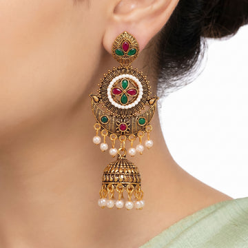 PRAO Earrings Anti-Tarnish Floral Motif Stone Jhumka