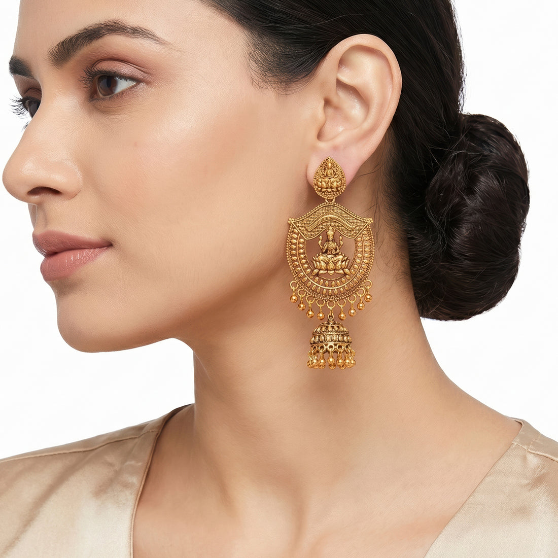 PRAO Earrings Anti-Tarnish Temple Jhumka With Lakshmi Motif