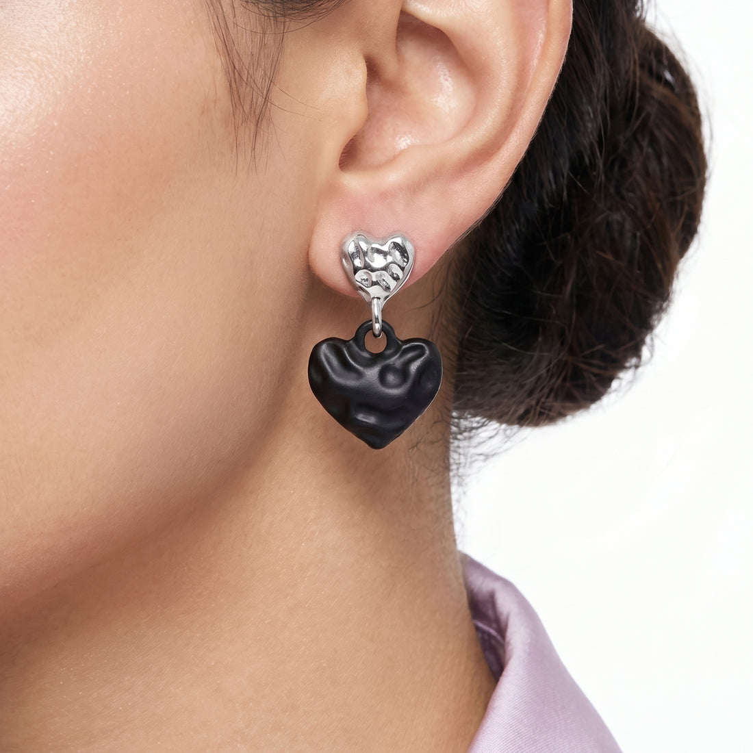 PRAO Earrings Anti-Tarnish Asymmetric Black And Molten Heart Drop