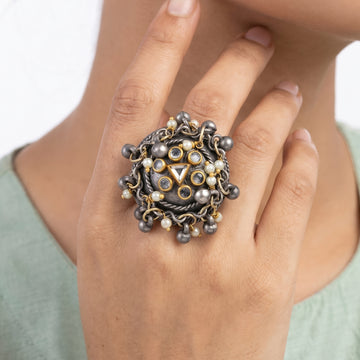 PRAO Ring Anti-Tarnish Pearl Blue Stone Dome (Adjustable Size)