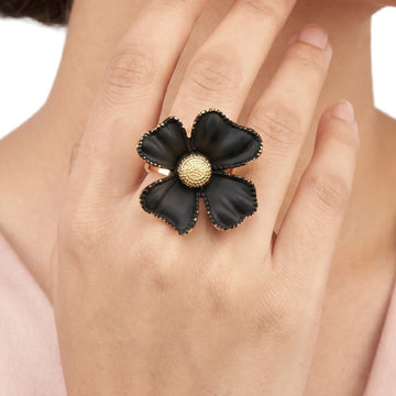 PRAO Ring Anti-Tarnish Four Petal Black Flower