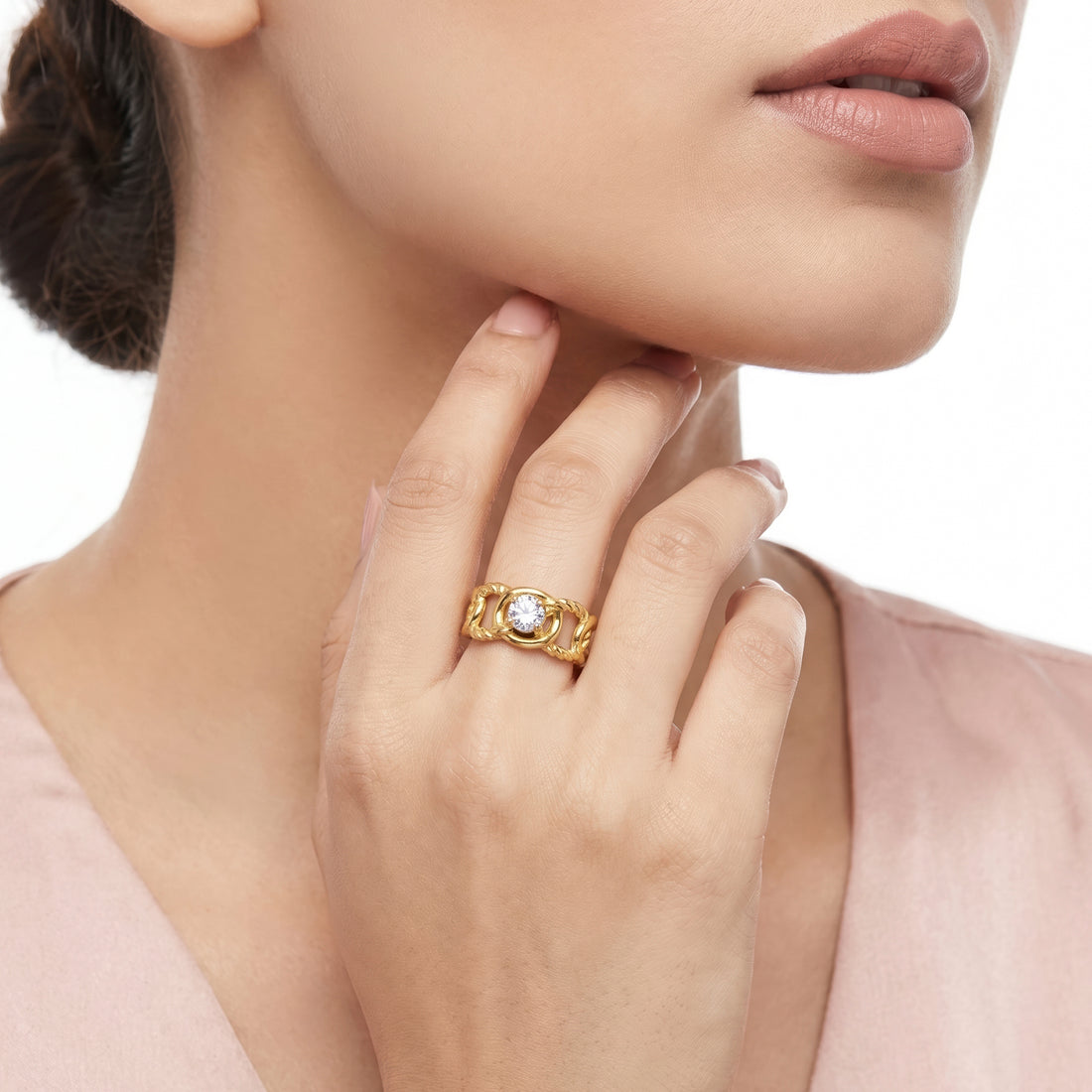 PRAO Ring Anti-Tarnish Chain Link Solitaire Crystal (Adjustable Size)