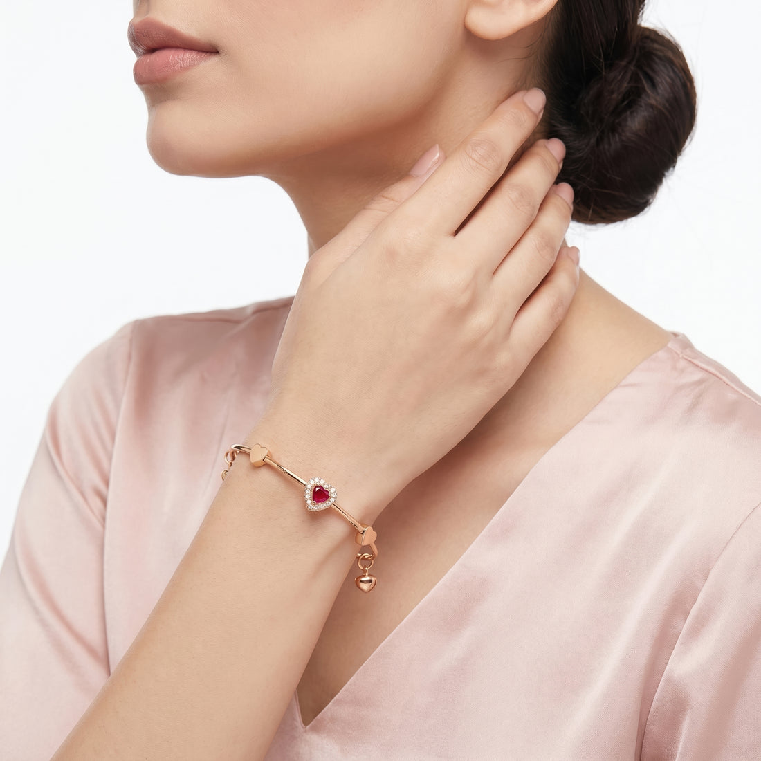 PRAO Bracelet Anti-Tarnish Ruby Heart Halo Bangle (Adjustable Size)