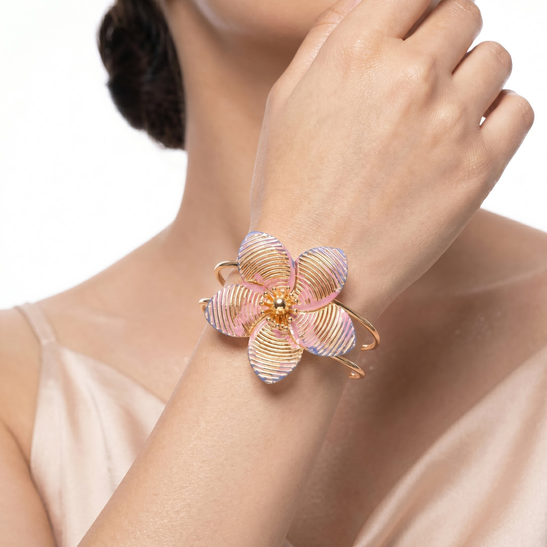 PRAO Bracelet Anti-Tarnish Plumeria Flower With Pink Accents (Adjustable Size)