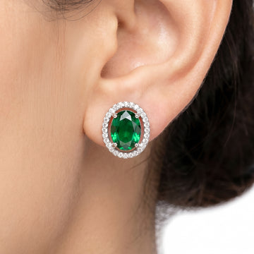 PRAO Earrings Anti-Tarnish Oval Emerald Crystal Halo Studs