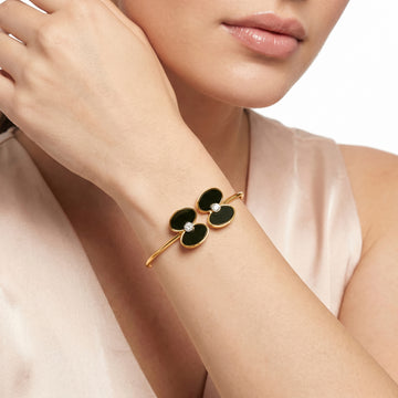 PRAO Bracelet Anti-Tarnish Open Bangle With Black Enamel Poppy Motifs (Adjustable Size)