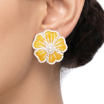 PRAO Earrings Anti-Tarnish Embroidered Yellow Floral
