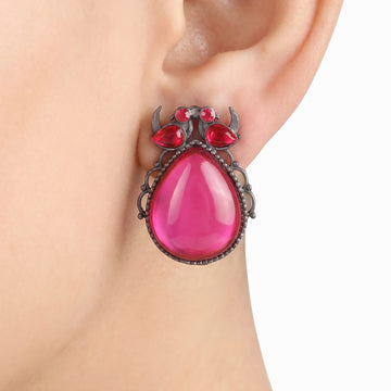PRAO Earrings Anti-Tarnish Fuchsia Pink Bird Detail