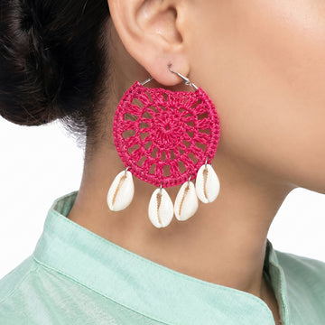 PRAO Earrings Anti-Tarnish Hot Pink Crochet Hoops With Cowrie Shells