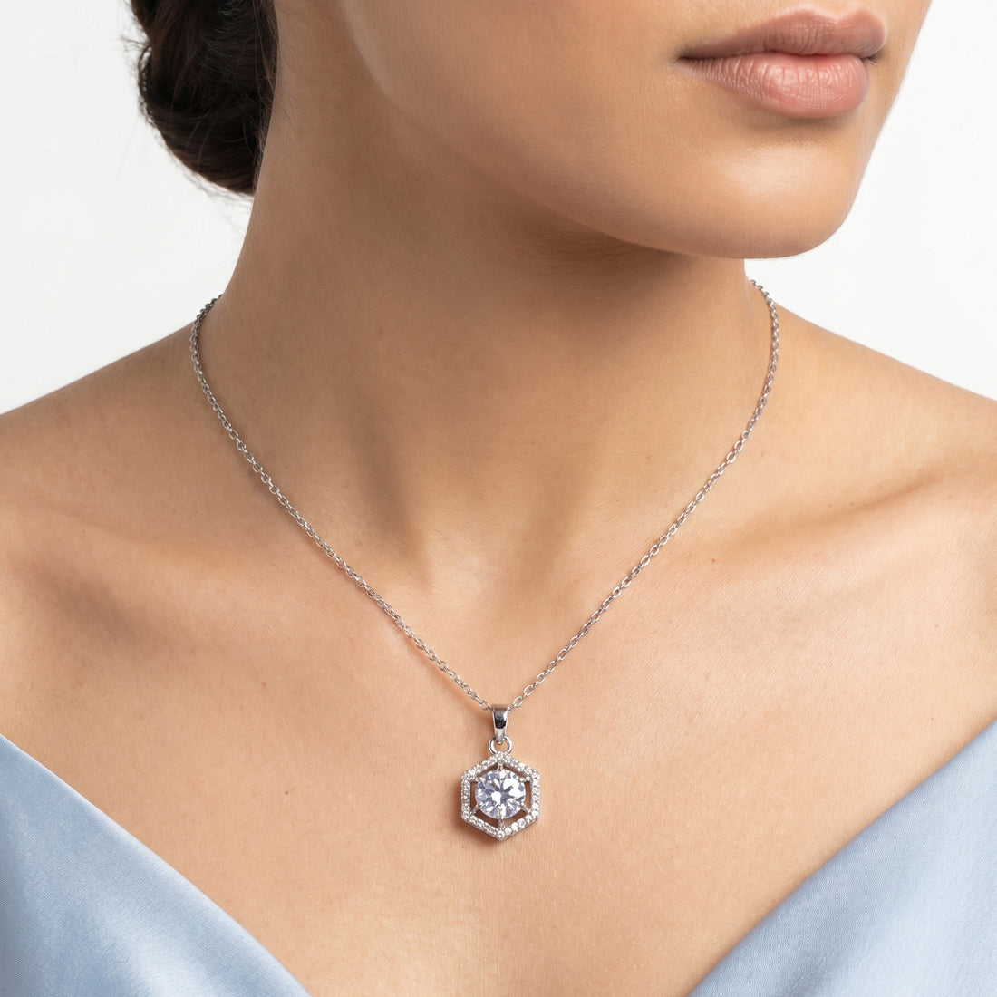 PRAO Necklace Anti-Tarnish Blue Gemstone Halo Pendant