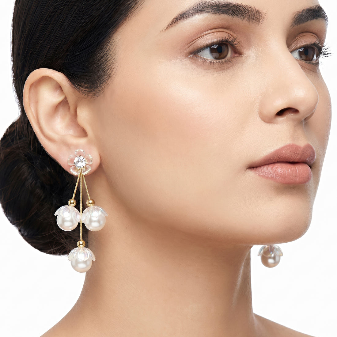 PRAO Earrings Anti-Tarnish Crystal Blossom Drop With Iridescent Pearls