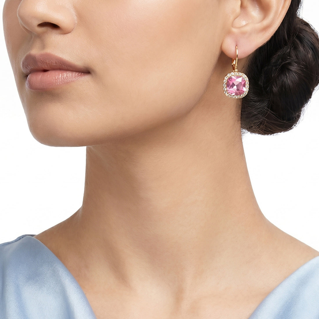 PRAO Earrings Anti-Tarnish Rose Pink Crystal Halo Leverback