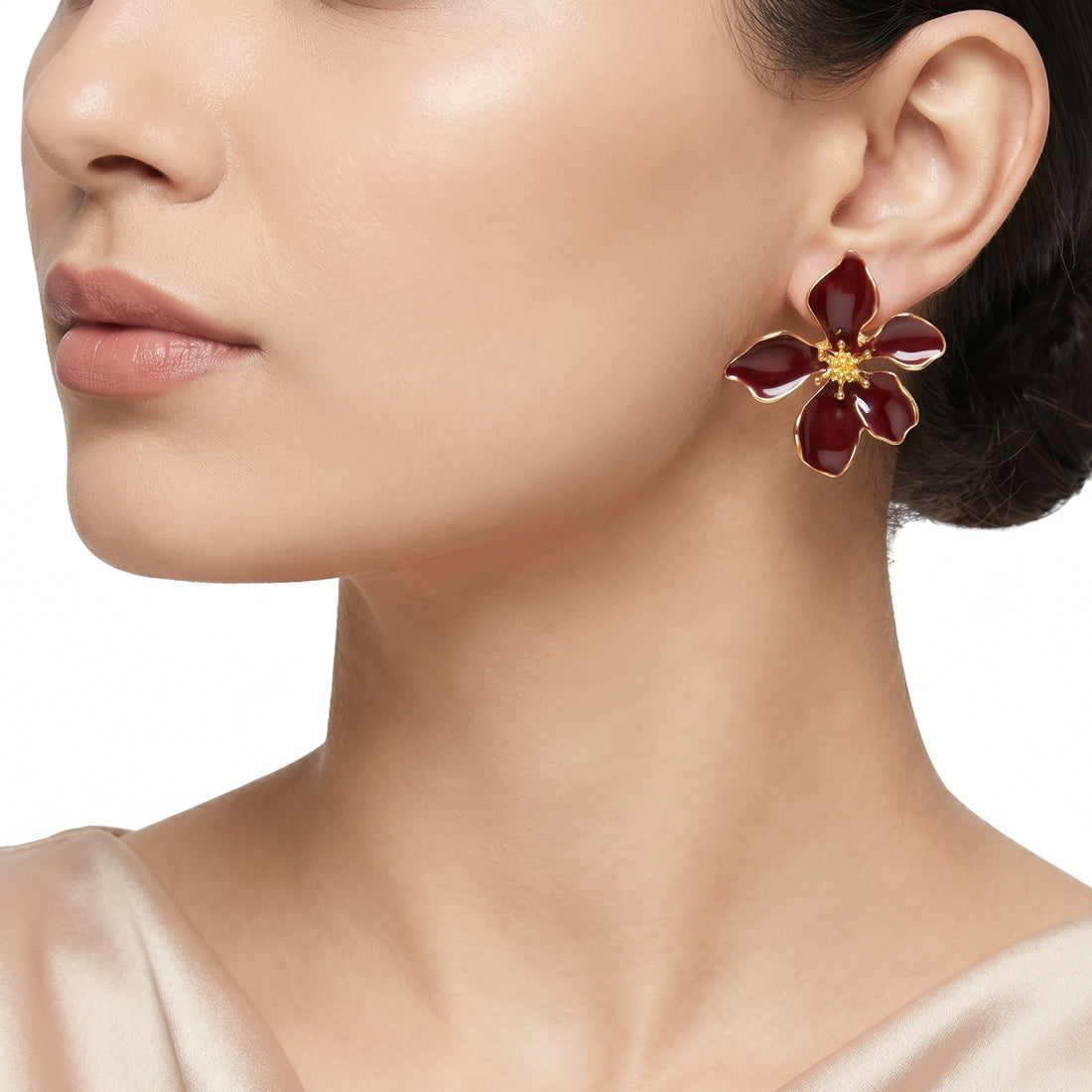 PRAO Earrings Anti-Tarnish Burgundy Floral Statement With Golden Center