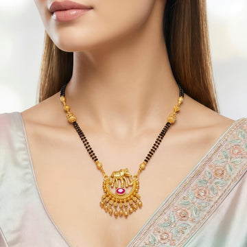PRAO Necklace Anti-Tarnish Elephant Motif Mangalsutra Pendant With Ruby-Pink Stone And Black Beads