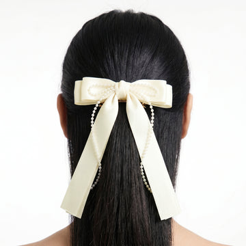 PRAO Hair Clip Anti-Tarnish Cream Satin Bow With Faux Pearls
