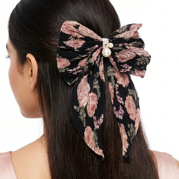 PRAO Hair Clip Anti-Tarnish Vintage Floral Pleated Bow