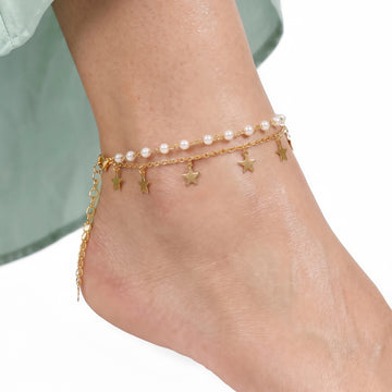 PRAO Anklet Anti-Tarnish Pearl Star Charm Layered