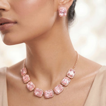 PRAO Necklace Anti-Tarnish Soft Pink Rectangle Crystal