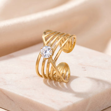 PRAO Ring Anti-Tarnish Solitaire Wide Band Statement (Adjustable Size)