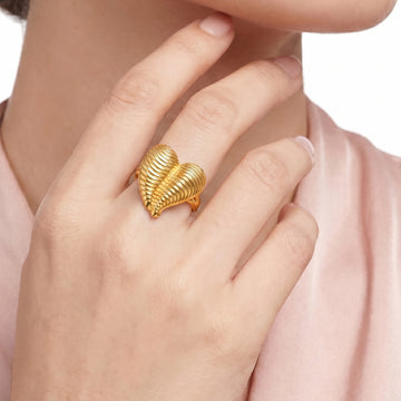 PRAO Ring Anti-Tarnish Ribbed Heart Texture (Adjustable Size)