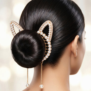 PRAO Hair Claw Clip Anti-Tarnish Pearl Tassel Cat-Ear Bun