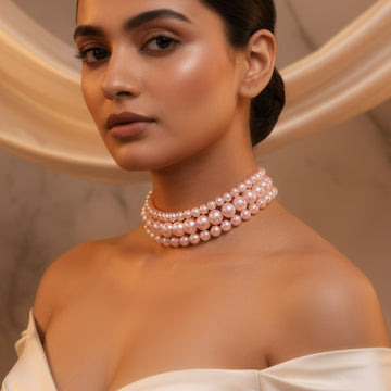 PRAO Triple Layer Rose Pink Pearl Choker Necklace