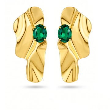 PRAO Earrings Anti-Tarnish Golden Statement Emerald Studs