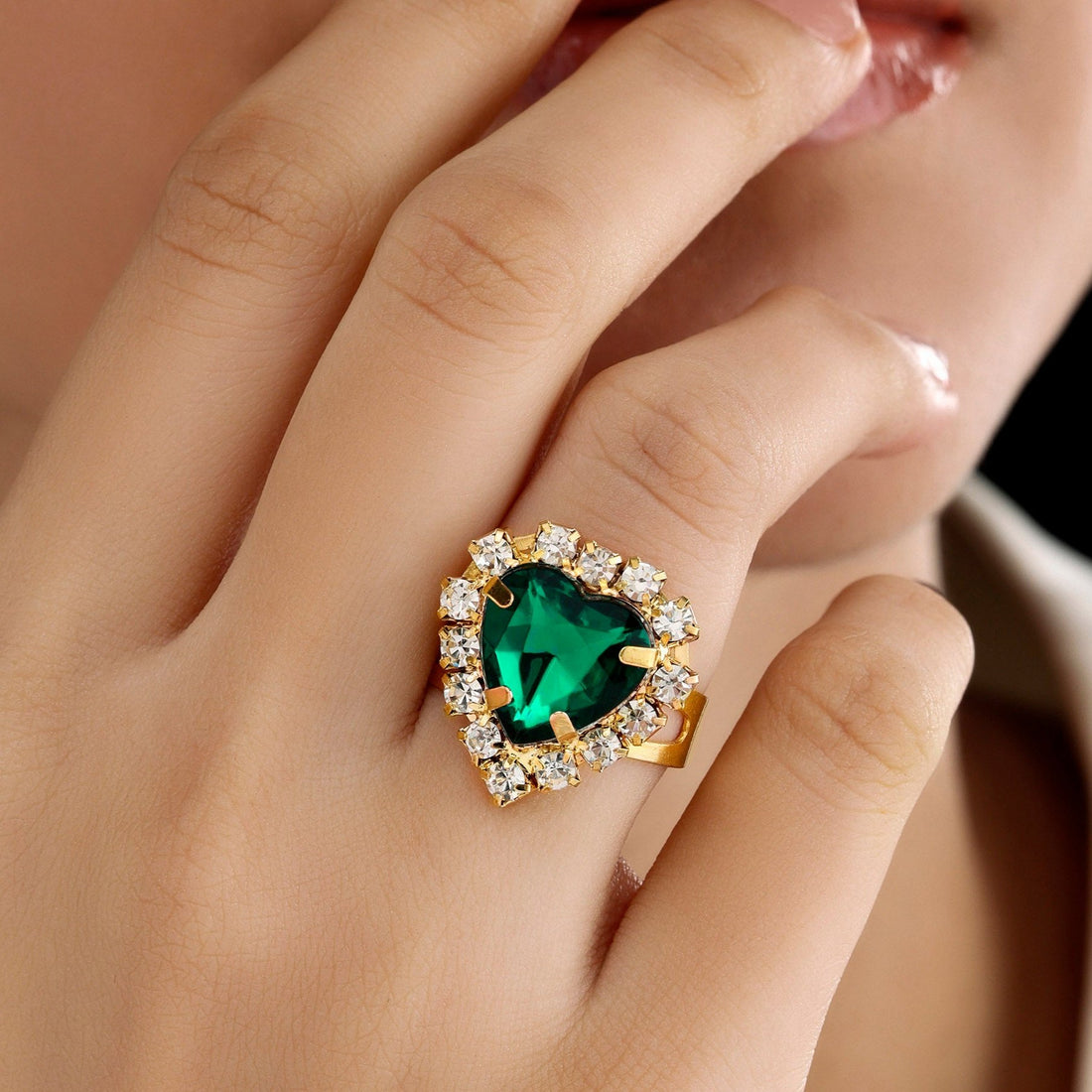 Anti-Tarnish Emerald Crystal Heart Pave Ring By PRAO (Adjustable Size)