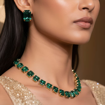 PRAO Single-Line Emerald Necklace Set With Earrings