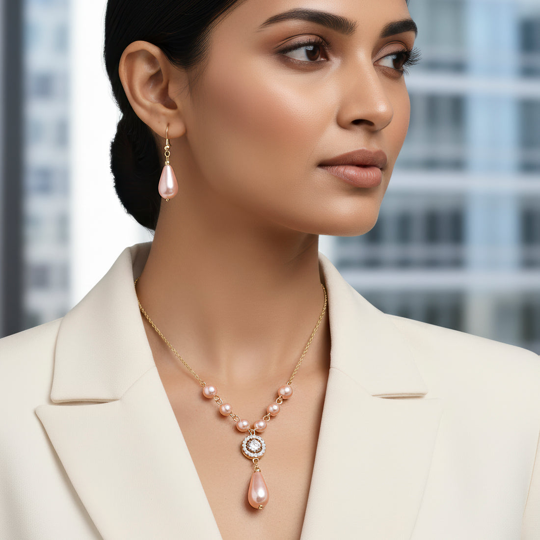 PRAO Necklace Anti-Tarnish Pearl Set With Earrings