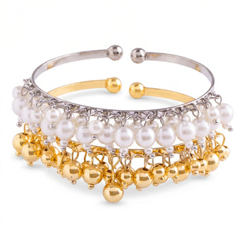 PRAO Bracelet Anti-Tarnish Golden & Pearl Bangle Set (Adjustable Size)