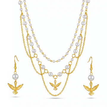 PRAO Necklace Anti-Tarnish Pearls & Bird Set With Earrings