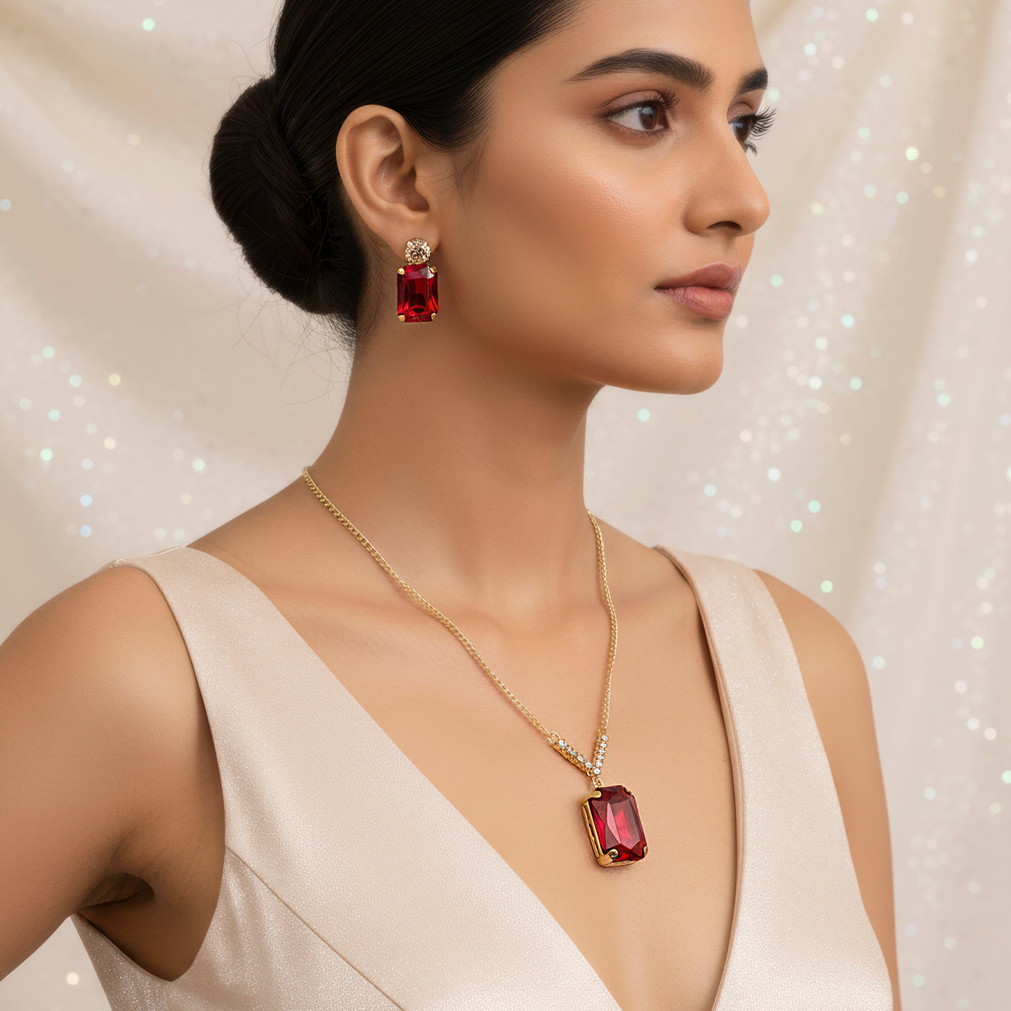 PRAO Anti-Tarnish V-Shape Pendant Necklace Set with Earrings