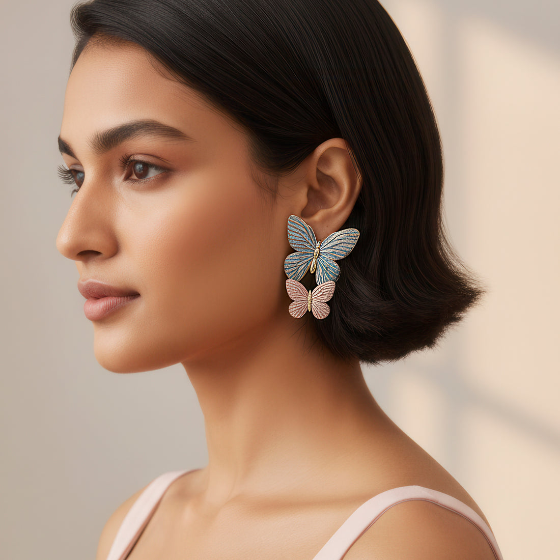 PRAO Earrings Waterproof Blue and Pink Enamel Butterfly Danglers