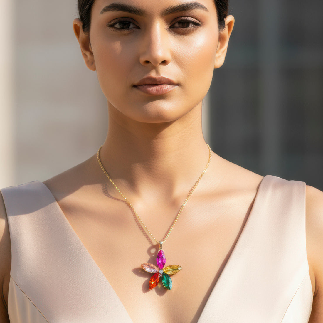 PRAO Anti-Tarnish Multicolor Crystal Flower Pendant Necklace