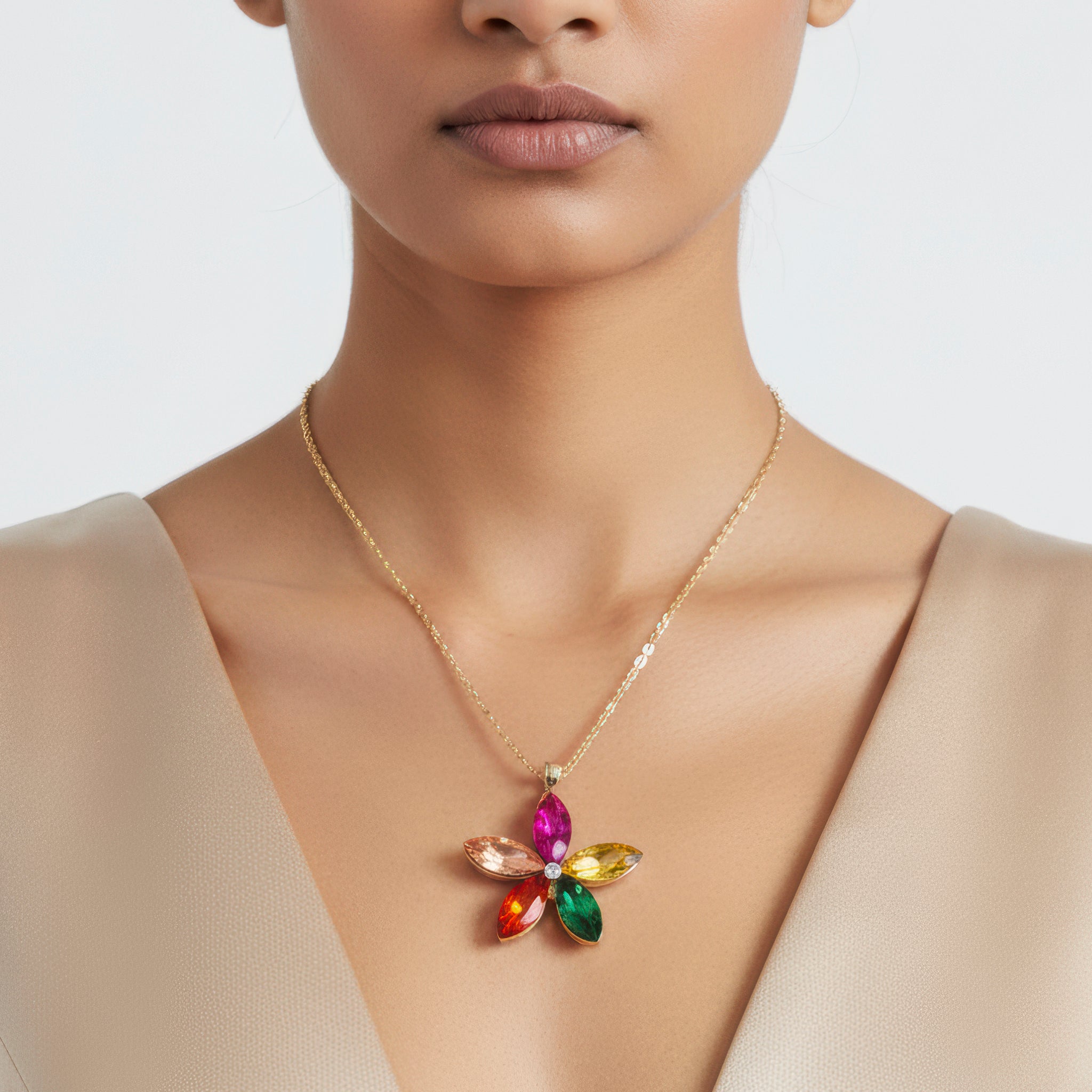 PRAO Anti-Tarnish Multicolor Crystal Flower Pendant Necklace
