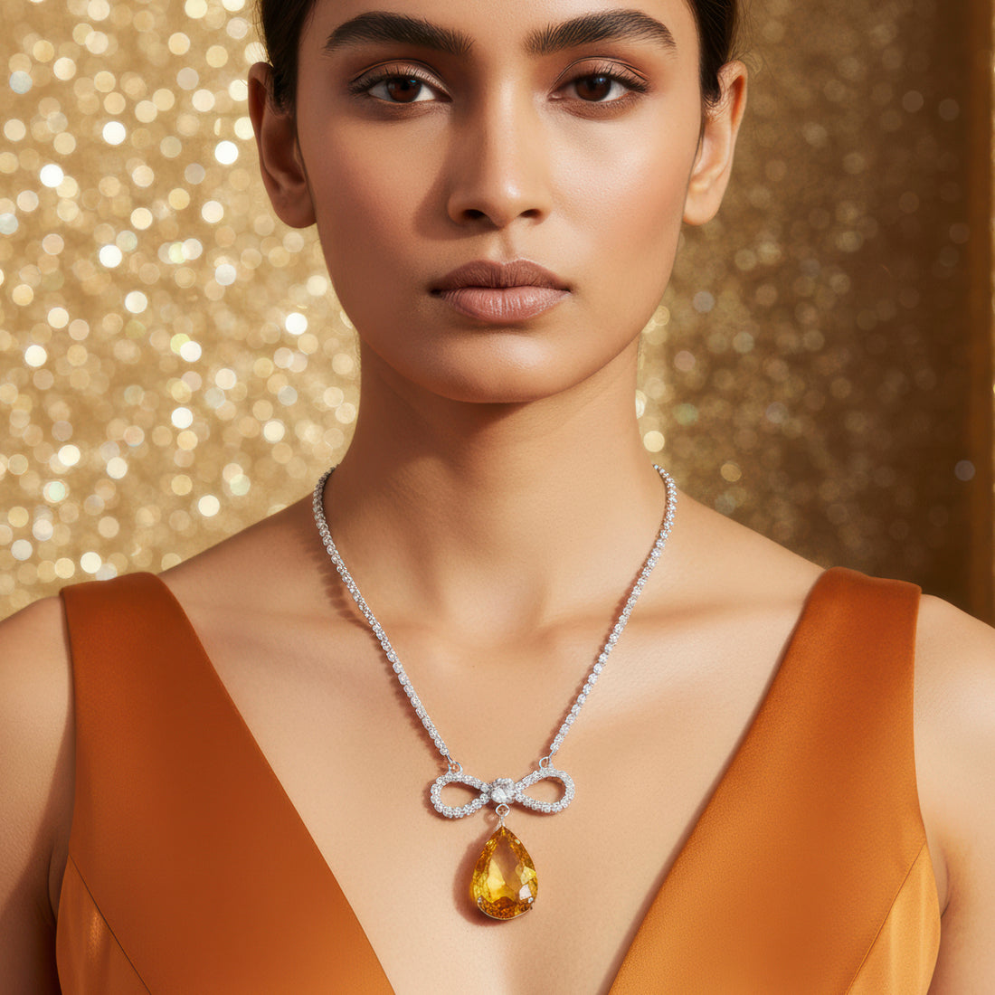 PRAO Anti-Tarnish Crystal Studded INFINITY Yellow Topaz Pendant Necklace