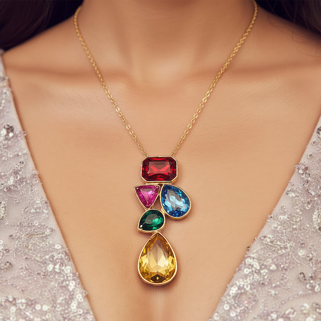 PRAO Anti-Tarnish Multicoloured Crystals Necklace
