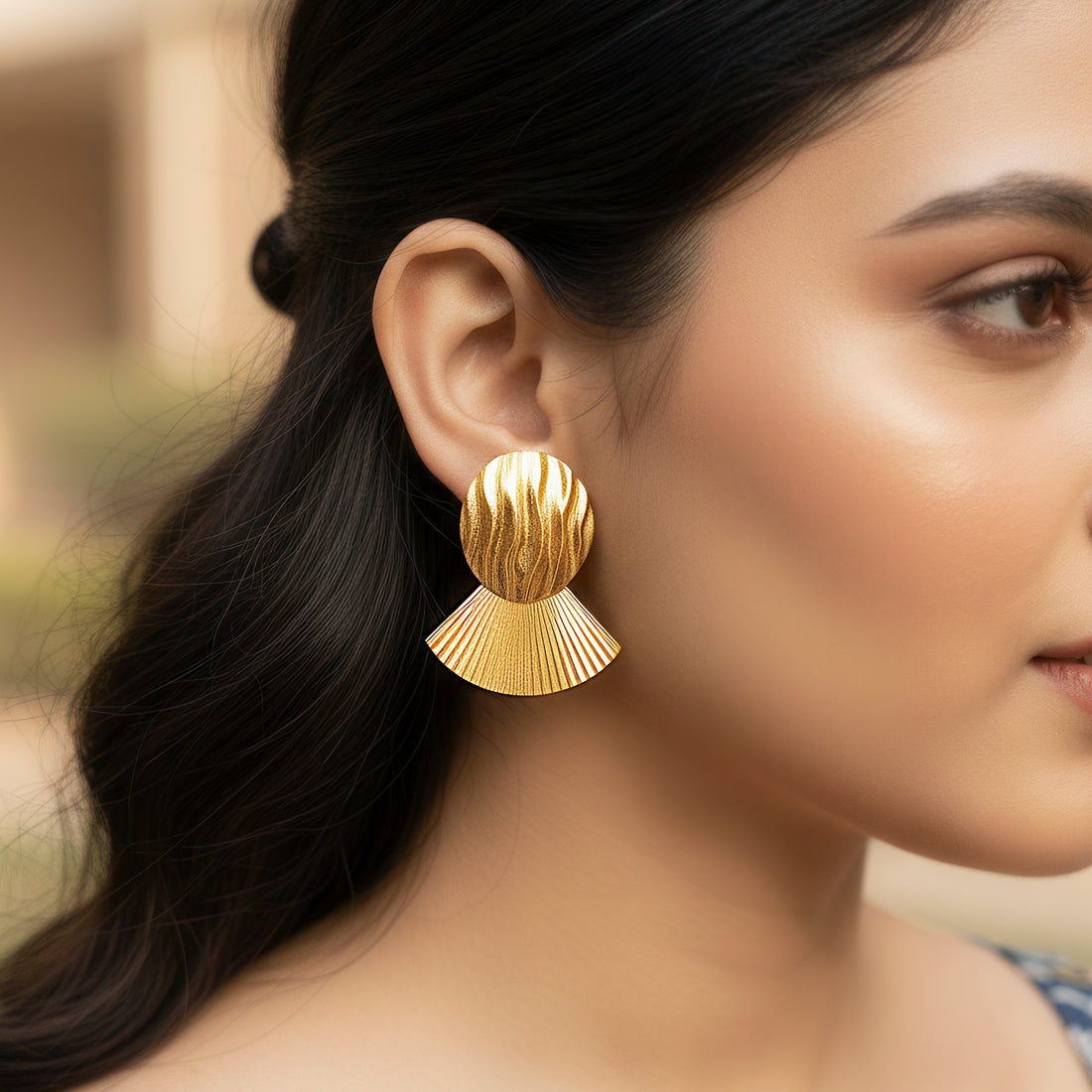 PRAO Anti-Tarnish Oval & Fan Shape Statement Earrings