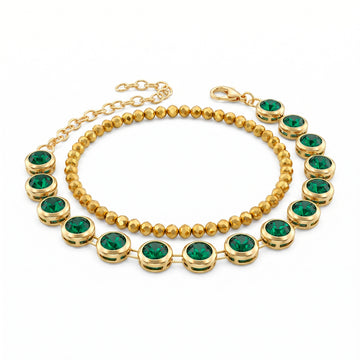 PRAO Bracelet Anti-Tarnish Pack of 2 Gold Crystal & Emerald (Adjustable Size)