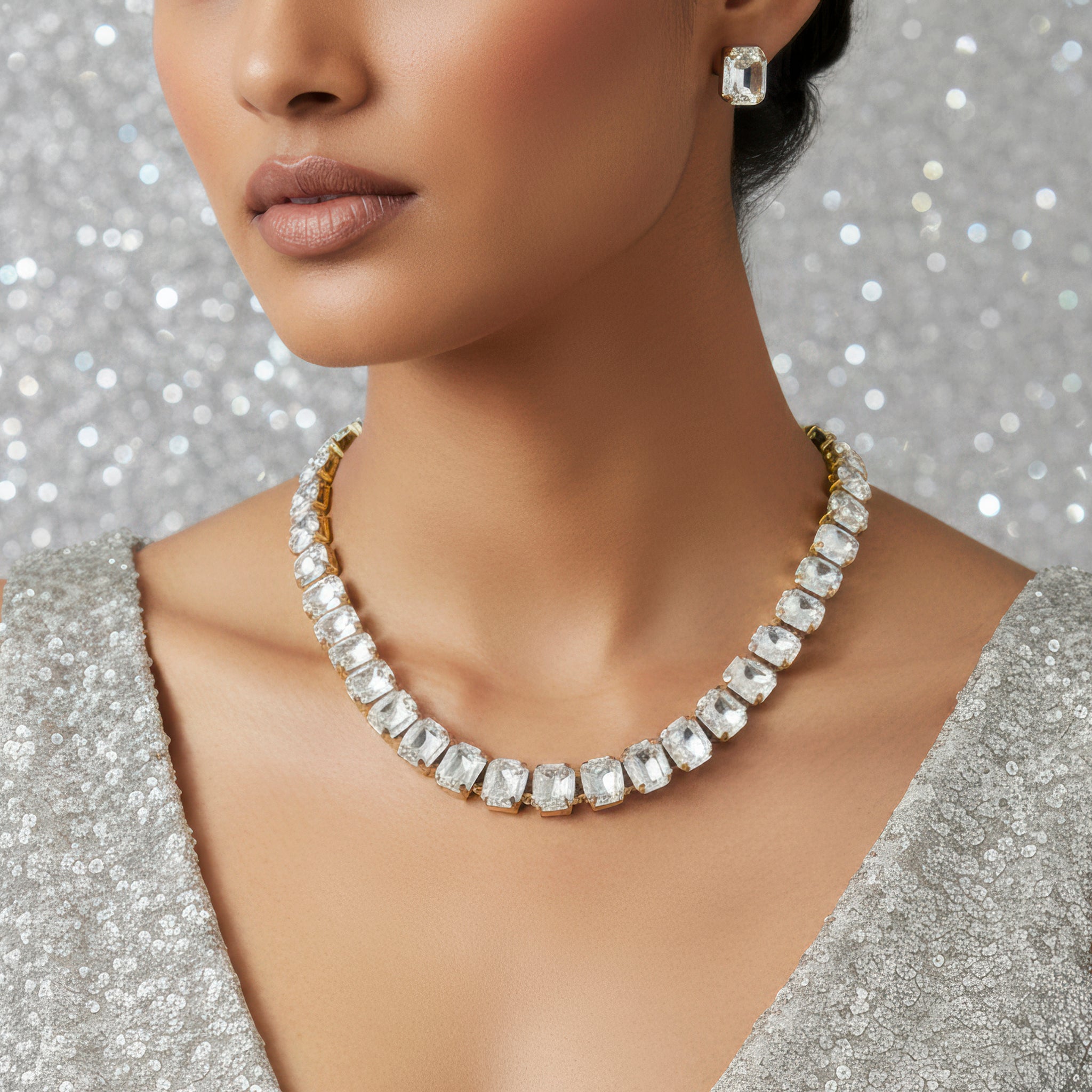 PRAO Necklace Anti-Tarnish Single-Line Crystal Set with Earrings